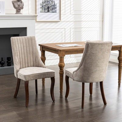 Chaises de salle à manger en tissu 2 pièces, revêtement en rayonne, haut pour un confort accru, pieds en bois massif avec courbes, chaises confortables en velours beige et pieds courbés, 2 unités