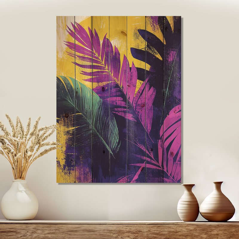 «Vibrant Leaf Explosion Of Mauve II», art mural sur bois de feuilles, sur bois de pin naturel, H 44 po x l 34 po x P 0,78 po
