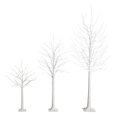4Ft. 6Ft. 8Ft. Pre-Lit Artificial White Birch Trees With LED Lights - Set Of 3