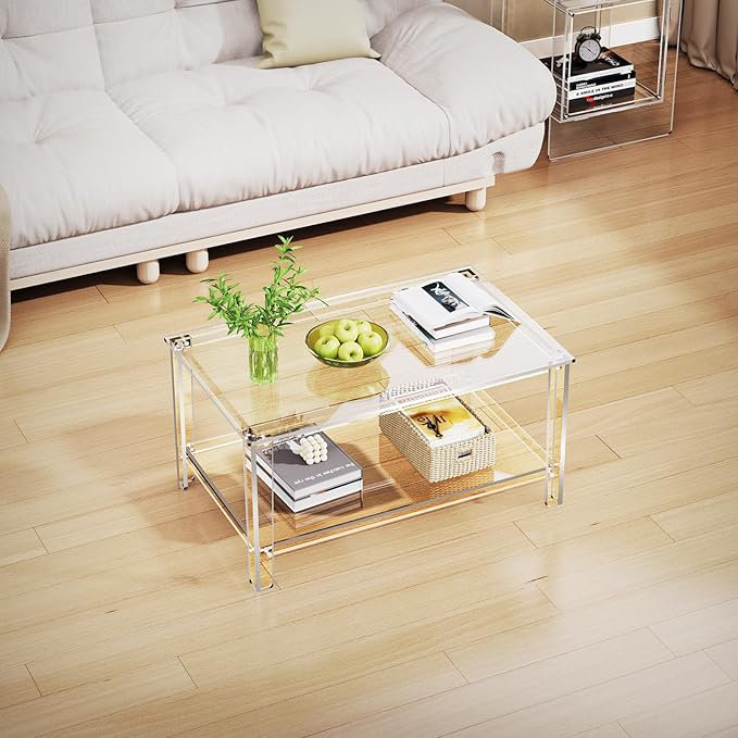 Coffee Table With Storage Shelf,Rectangle Living Room 2-Tier Center Table For Small Spaces (Rectangle, Nomal), Clear