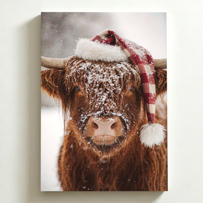 Tableau photographique de vache des Highlands enneigée sur toile, impression sur toile tendue sur châssis de 40 x 60 cm, décoration murale « Merveille enneigée » marron et blanche pour salon, chambre et couloir