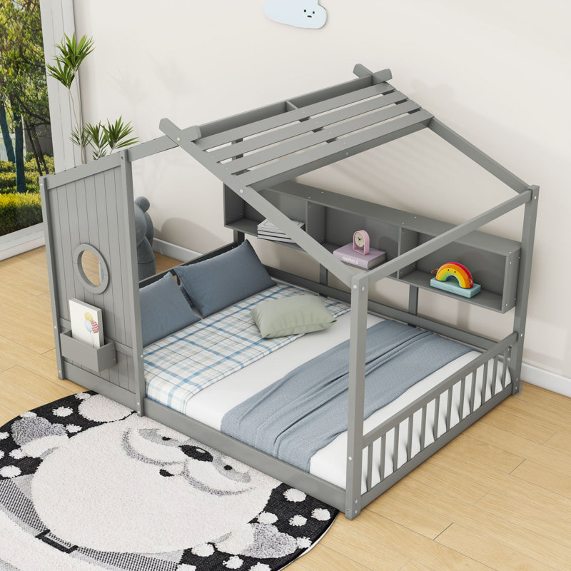 Lit de jeu avec toit et tablettes de rangement, Gris, Double