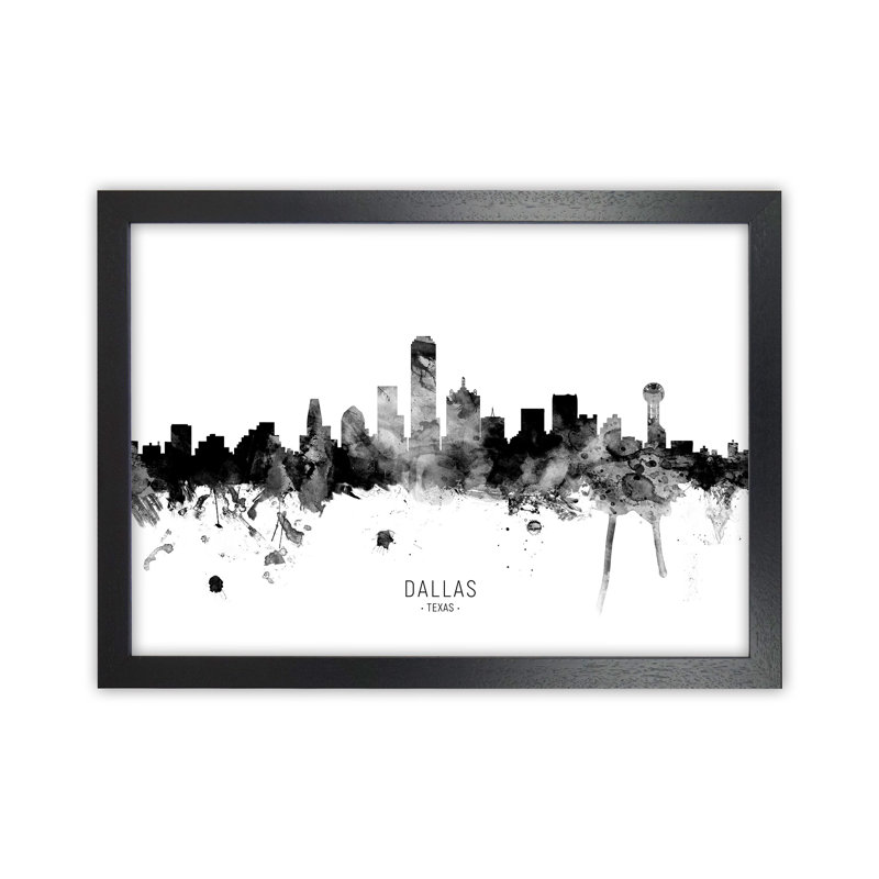 Dallas Texas Skyline Black White City Name by Michael Tompsett - Print, 25cm H x 34cm W x 3cm D, Black Framed