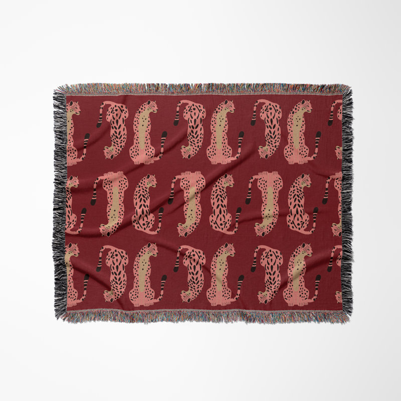 Jeté en mélange de coton Ren Leopard, Rouge / rose, L 60 po x l 60 po