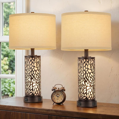Ensemble de 2 lampes de table de style campagnard avec ports USB A+C et veilleuse, lampes de chevet rustiques vintage en métal avec abat-jour en lin, lampes de chevet en bronze avec ampoules DEL