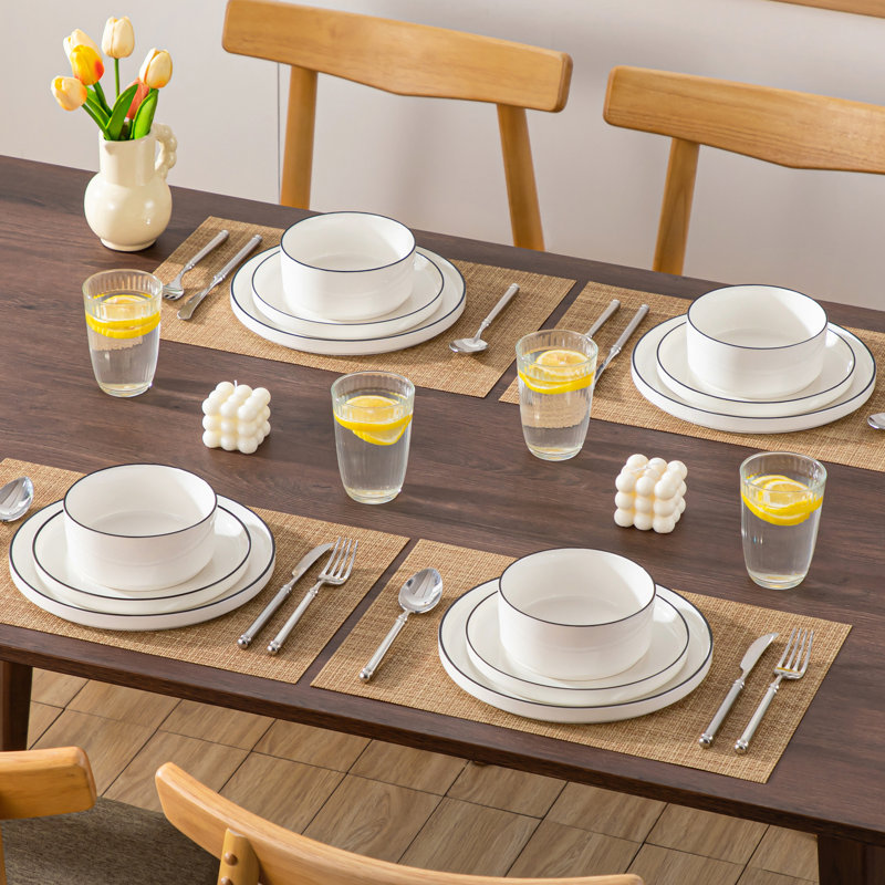 Piece Porcelain China Dinnerware Set - Service for 4, Black/White