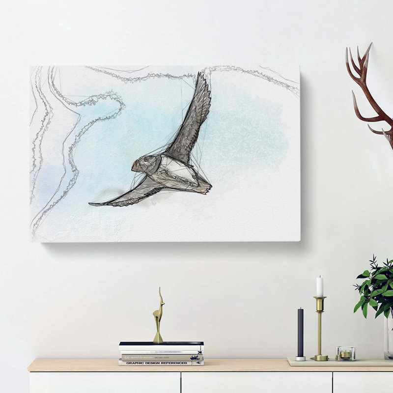 Flying Atlantic Puffin Bird in Abstract - Wrapped Canvas, 40cm H x 60cm W x 3cm D