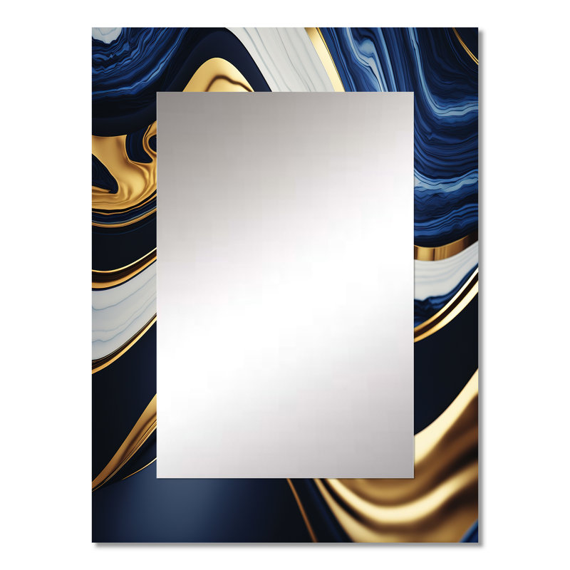Abstract Geode Waves Blue And Gold V - Abstract Wall Mirror, Blue Decorative Mirror, Printed Metal Art, 32" x 24"
