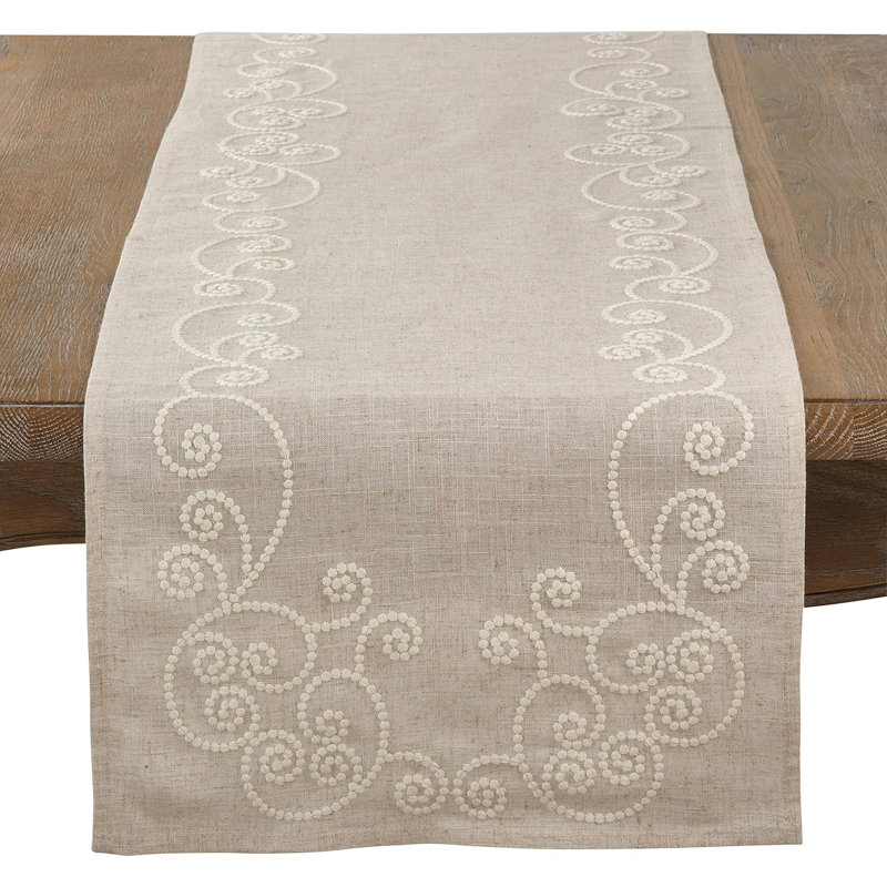 Chemin de table brodé en mélange de lin, 16 po x 72 po, naturel