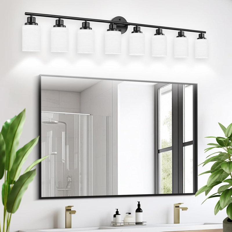 Luminaire de miroir de salle de bain 8 lumières, verre givré blanc mat noir, Noir mat, 8