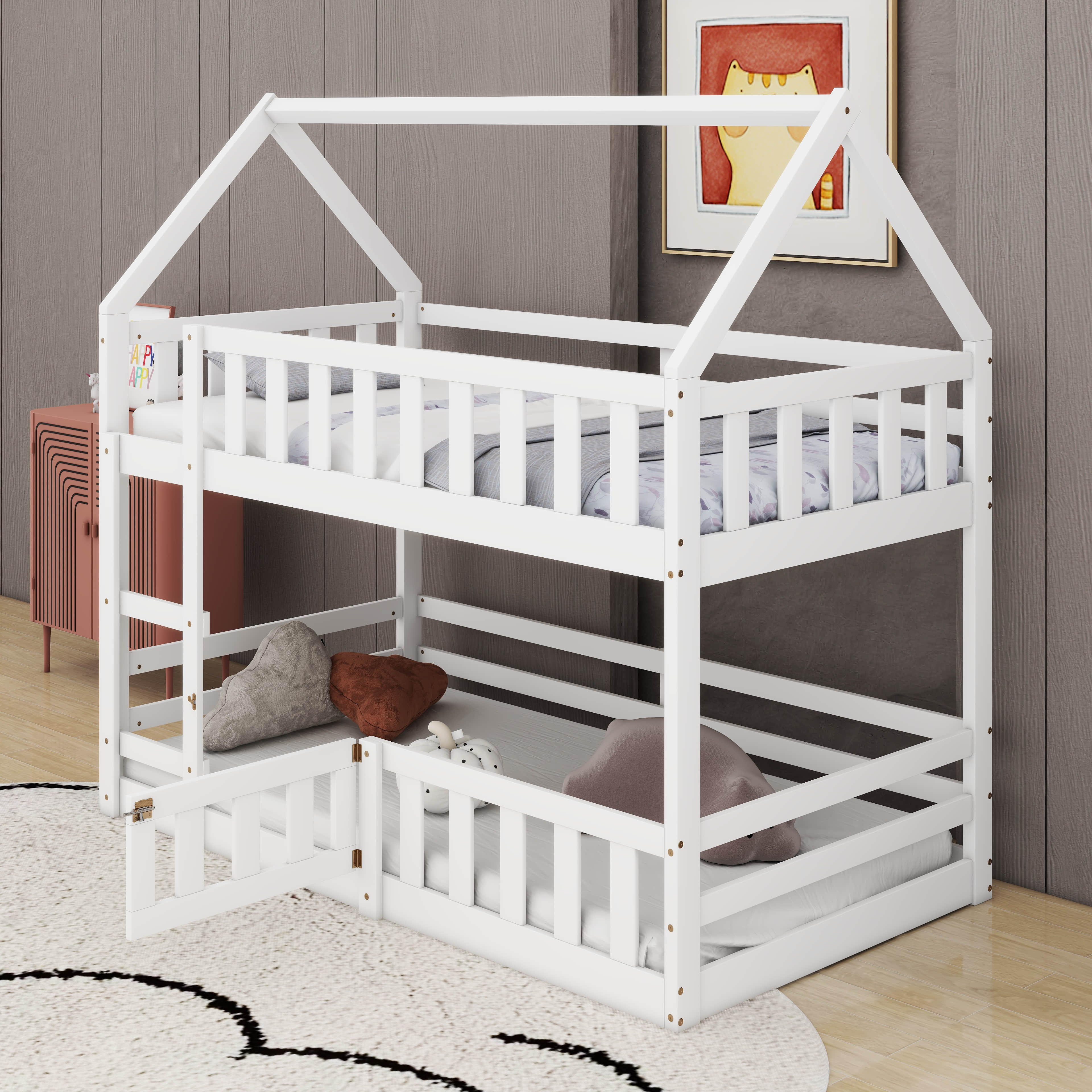 Ophelia & Co. Twin Over Twin House Bunk Bed With Door And Fence ...
