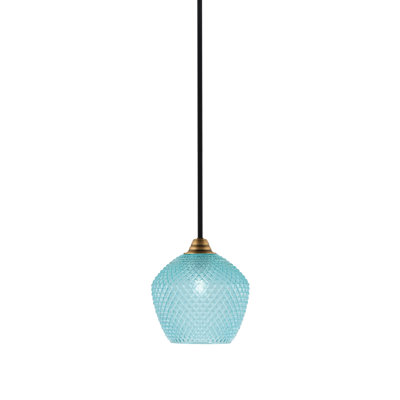 Mukkesh Stem Mini Pendant Matte Black & Brass Finish 9" Turquoise Glass