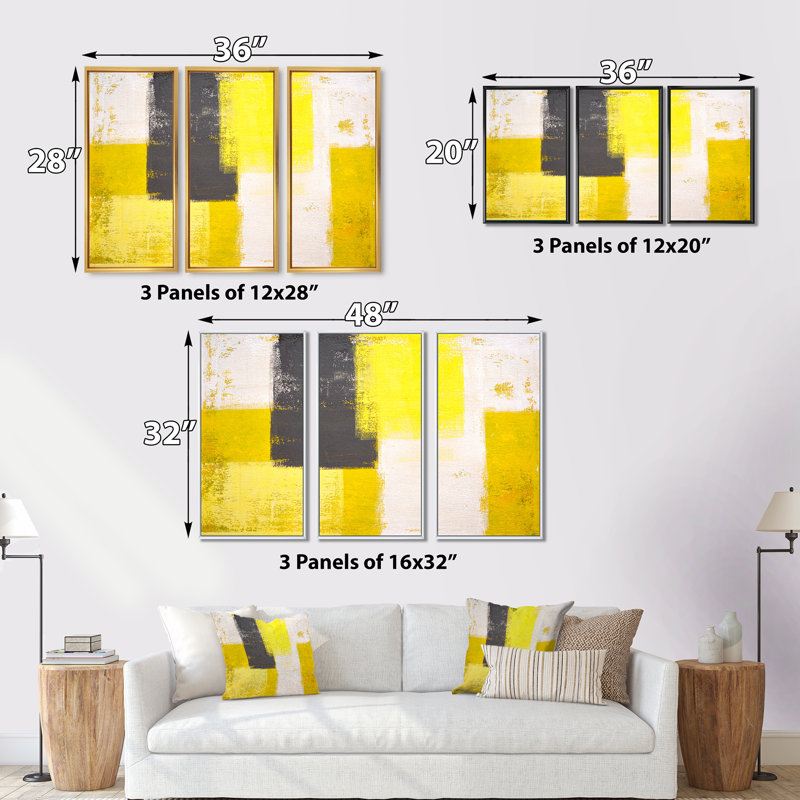 Gris et jaune bleu abstrait I - ensemble d'art moderne sur toile encadrée moderne de 3, H 32 po x l 48 po x P 1 po