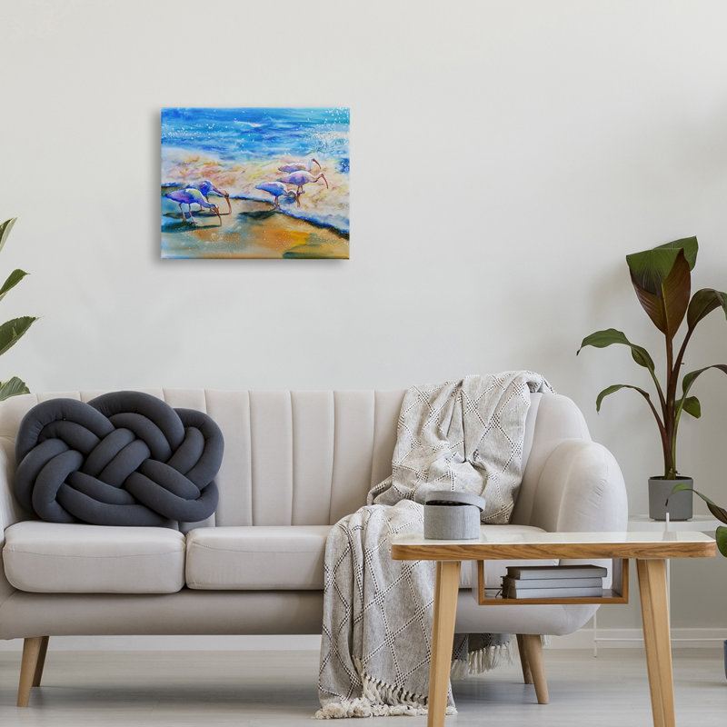 Oiseaux aigrettes marchant sur la côte, éclaboussant l'eau par MB Cunningham - Peinture, H 16 po x l 20 po x P 1,5 po