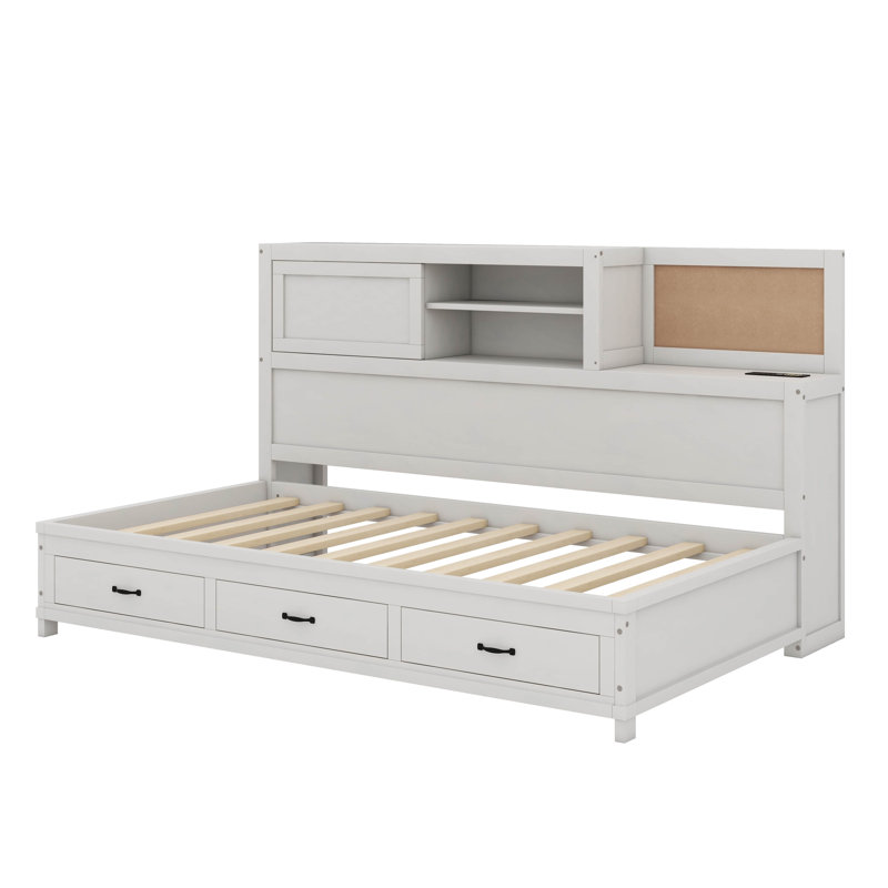 Jacksten Wooden Daybed With 3 Drawers, Upper Soft Board, Shelf, Sockets And USB Ports, Twin, White
