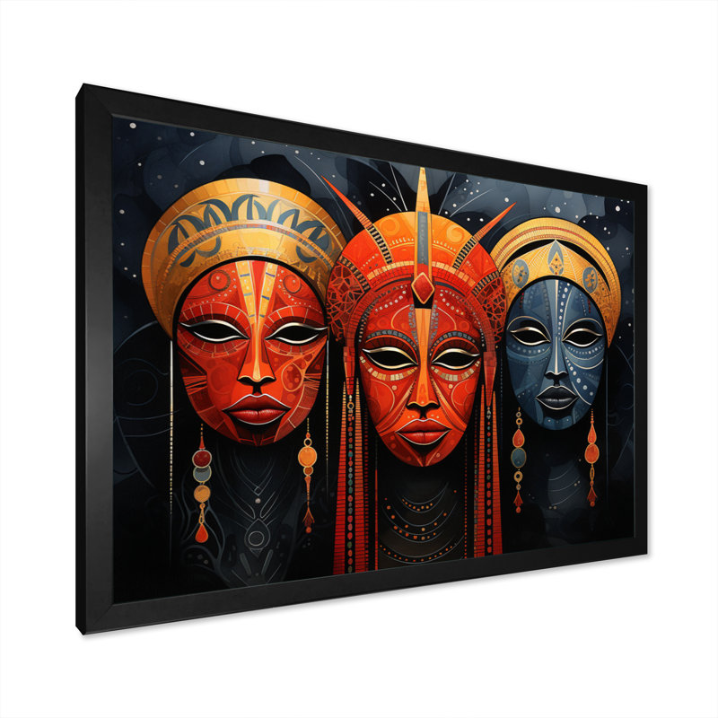 «Cieron Red African Masks II», reproduction sur toile, H 24 po x l 32 po x P 1 po, Cadre simple noir