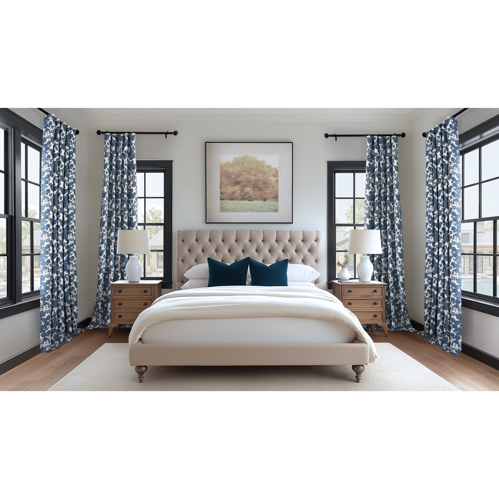 Tikal Printed Room Darkening Curtain Panel, Fleur Blue, 50" W x 120" L