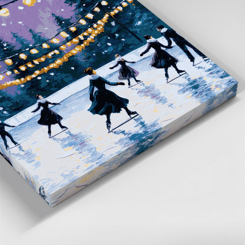 Art sur toile bleu, patinoire de Noël avec lumières des Fêtes, H 12 po x l 12 po