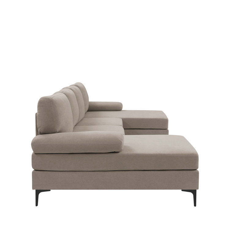 Polyester Blend Upholstered U-Shape Sectional With Metal Legs, Khaki Polyester Blend