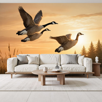 Peel and Stick Wallpaper Geese Flight Against Sunset Sky Wall Murals 69"H x 96"W Removable PVC Wall Paper Self-Adhesive Wall Decor for Bedroom Living Room Home Office