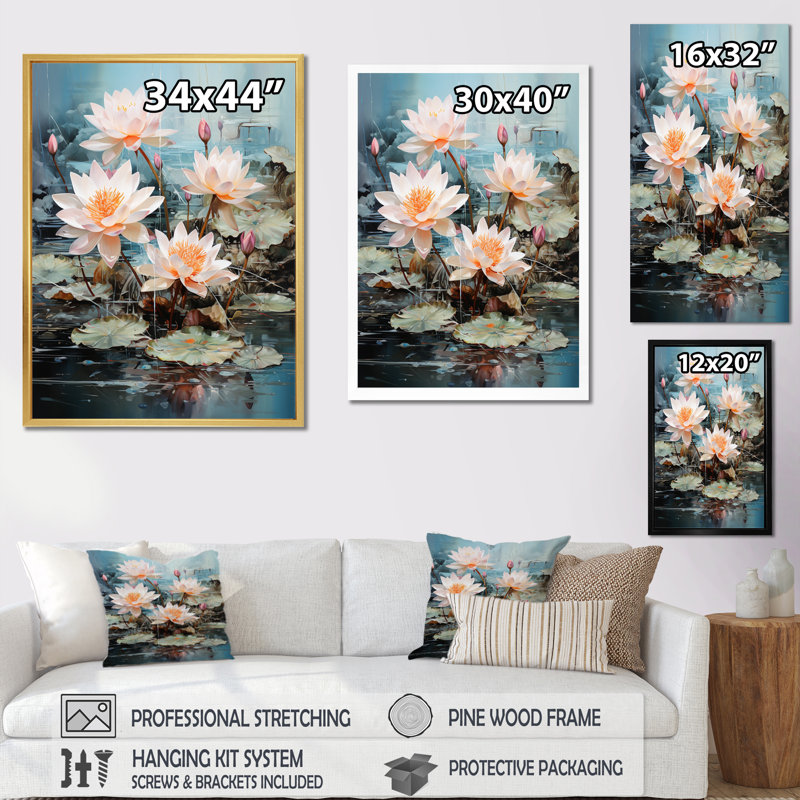 «Amebury Asian Art Lotus Pond» sur toile, H 20 po x l 12 po x P 1 po, Cadre photo noir