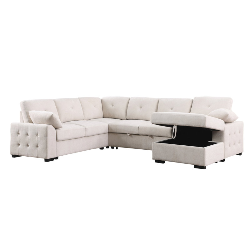 Canapé modulaire gris foncé en L capitonné avec lit escamotable et méridienne avec rangement beige