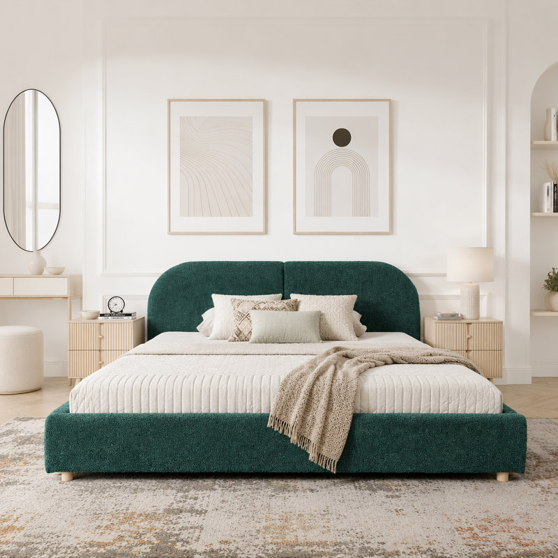Grand lit plateforme tapissier avec tête de lit incurvée et tissu circulaire de qualité supérieure, Vert