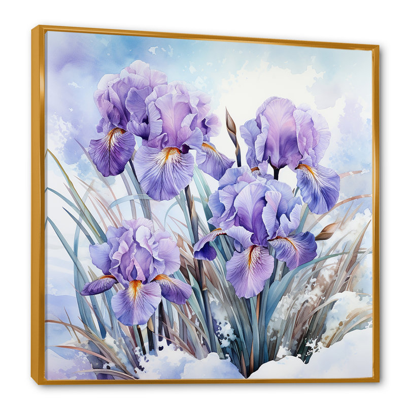 Mauve iris en hiver sur toile, Cadre flottant doré, 16" H x 16" W