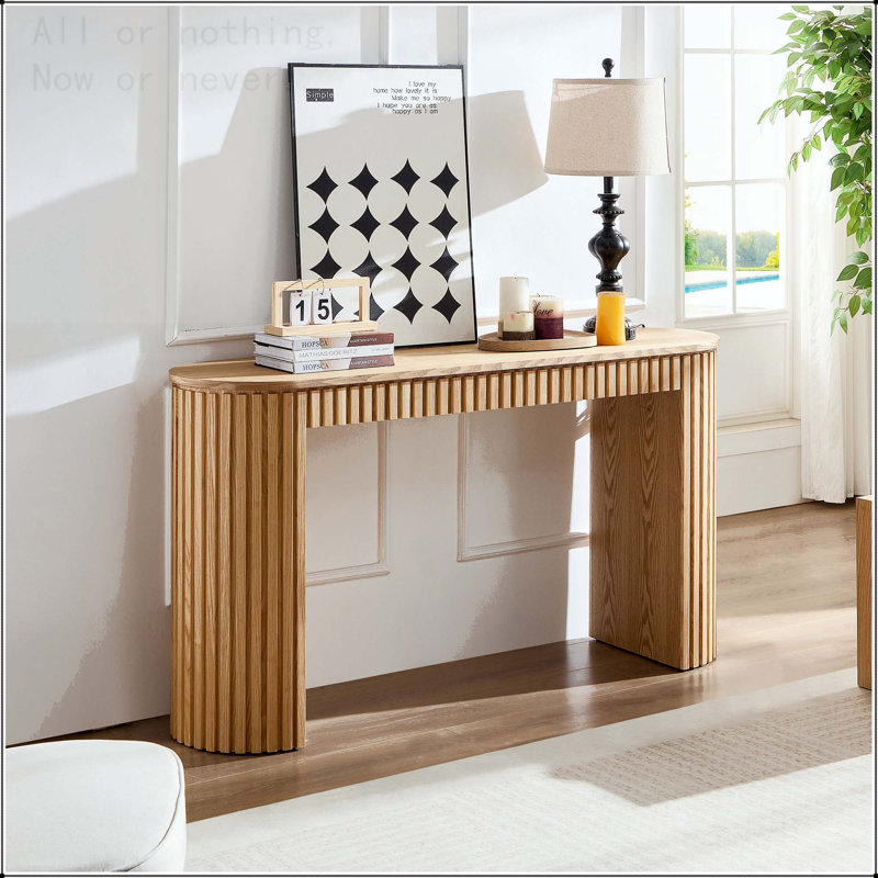 Console courbée avec tiroir et rayures verticales, Naturel