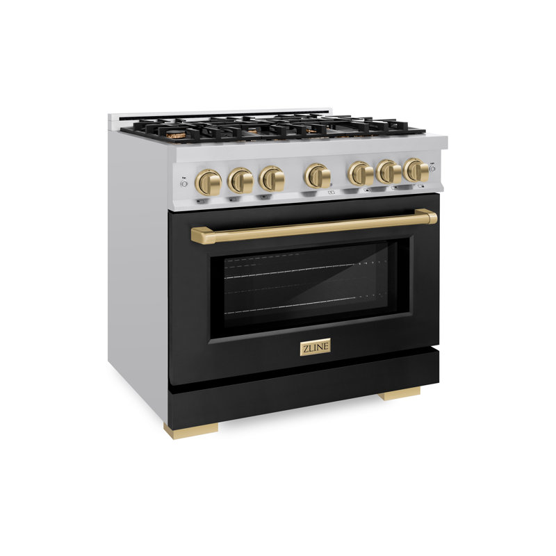 ZLINE Autograph Edition 36 in. 5.2 cu. ft. Select Gas Range W/ 6 Burner Cooktop & Convection Gas Oven in Stainless Steel W/ Black Matte Door & Champagne Bronze Accents (HGRZ-BLM-36-CB)