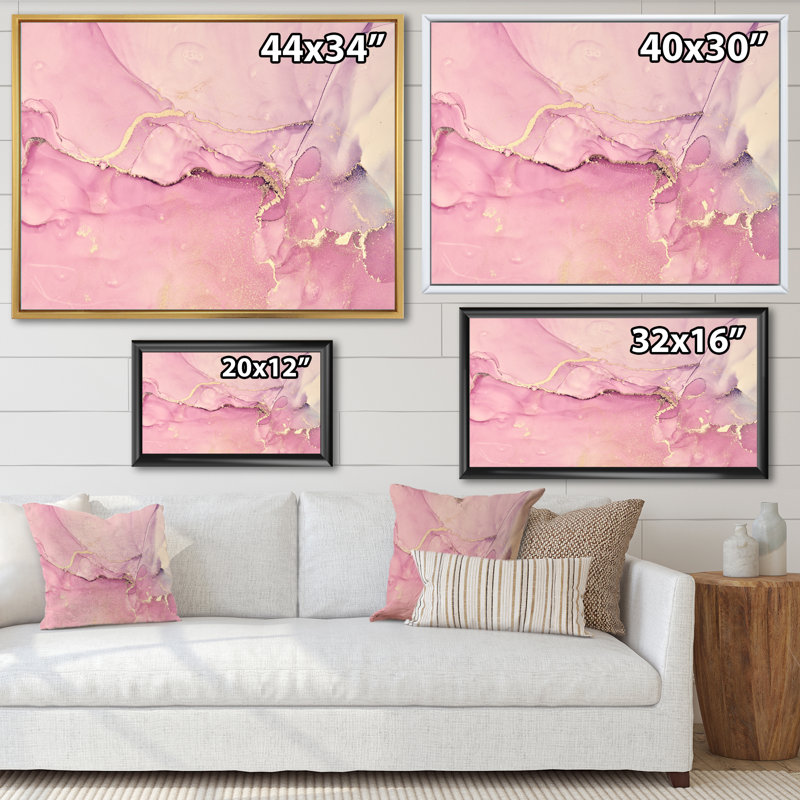 «Pink Marble Waves II», peinture sur toile, H 24 po x l 32 po x P 1 po, Cadre flottant blanc