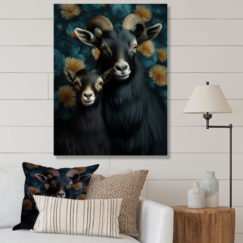 «Black Goat Family Blooms» - art mural animal de chèvre, Silver Picture Framed, 32" H x 16" W