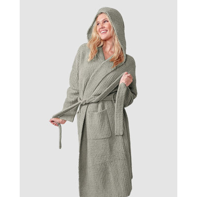 Ribbed Microfiber / Microsuede Fleece Mid-Calf Bathrobe with Pockets and Hood