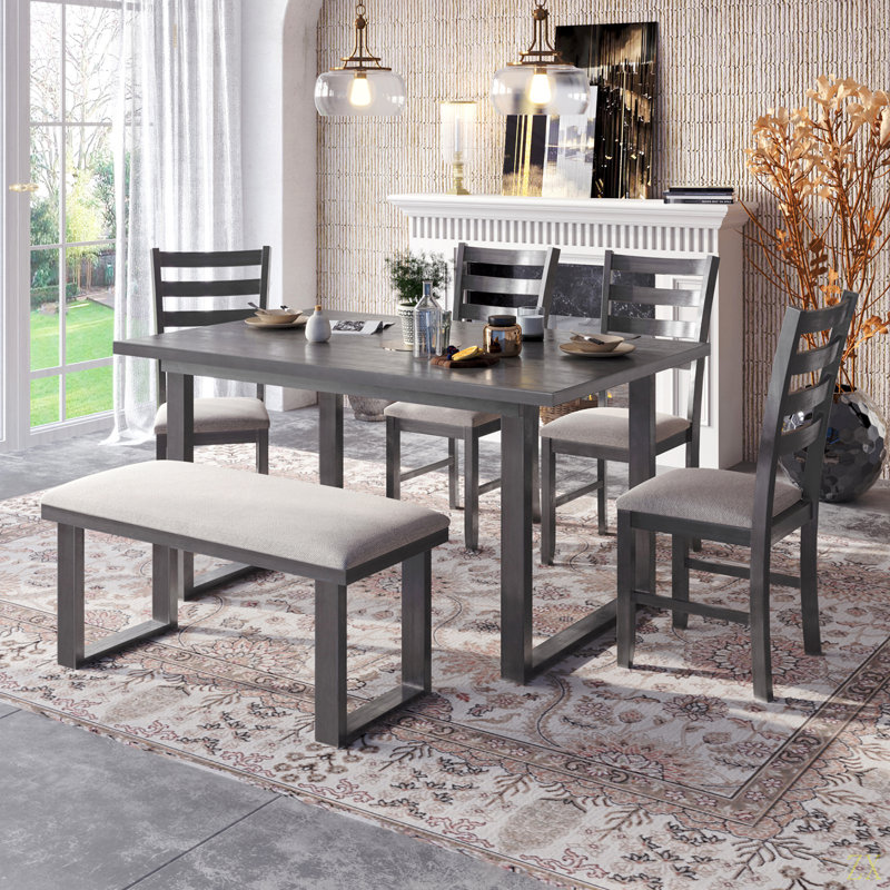 Ensemble de salle à manger en bois massif 6 pièces avec table rectangulaire et 4 chaises avec banc
