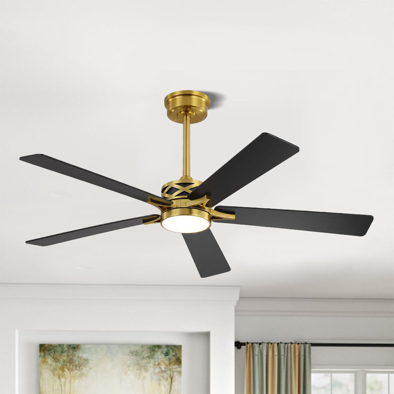Ventilateur de plafond d'intérieur à 5 pales Portico avec ensemble d'éclairage et télécommande, Noir, Or, 60"