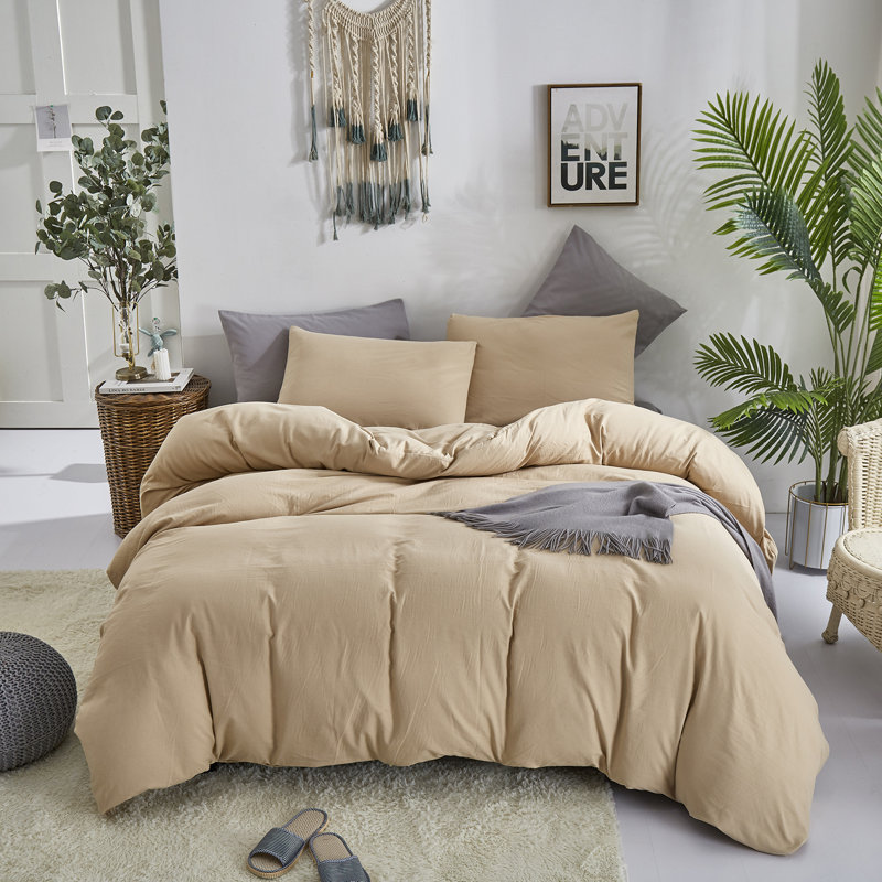 Solid Color Comforter Light Color 3 PCs Bedding Set Pure Color Bed Comforter Set, Champagne, King Comforter + 2 Pillowcases