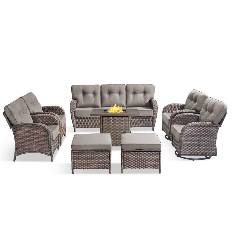 Teebeck 8-Piece Wicker Rattan Patio Conversation Set With Square Fire Pit Table And Swivel Chairs, Gray