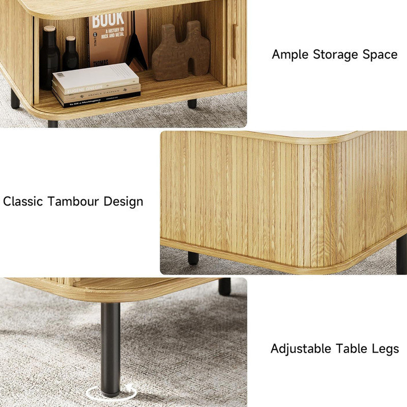 Oak Rectangular Wood Coffee Table with Sliding Tambour Door and Storage