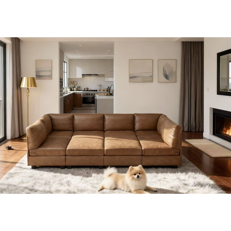 Canapé modulaire en similicuir de 120 po avec repose-pieds Barnwell, Gingembre, Square