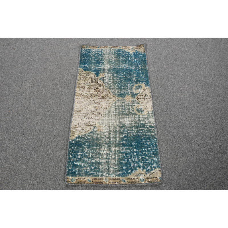 Vintage Oriental Runner Rug with Design in Elegant Blue and Beige from Turkey