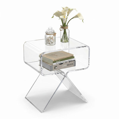 Modern Clear Acrylic Side Table with Storage, One‑Piece Transparent Bedside & End Table, Distinctive Accent Furniture for Living Room & Bedroom