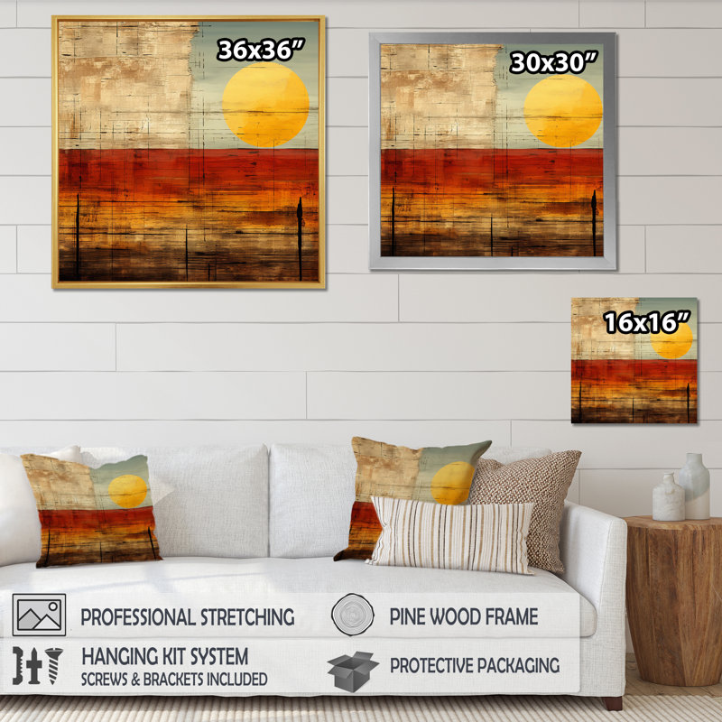Nostalgia Sunset Full Moon Rising - Modern Geometric Wall Art Prints, 24" H x 24" W, Gold Floater Framed