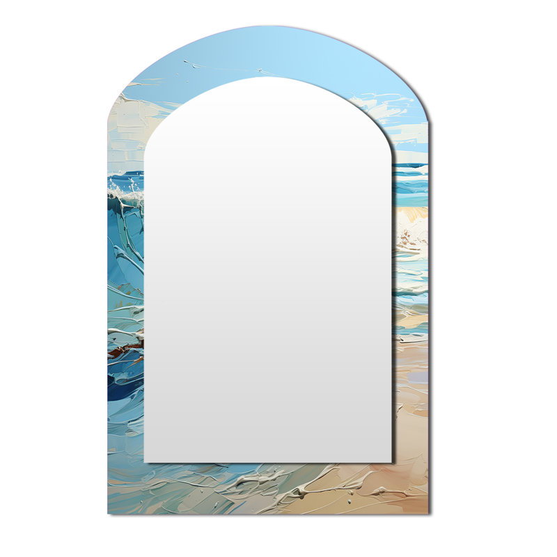 Blue And White Simplicity Beach I - Waves Asymmetrical Decorative Wall Mirror, Blue Arch Mirror, Printed Metal Art, 34" x 25"