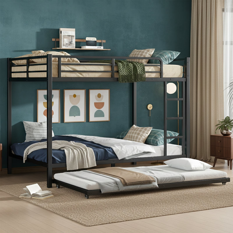Full Over Full Metal Bunk Bed with Twin Trundle, Heavy Duty Space-Saving Bed Frame, Full over Full