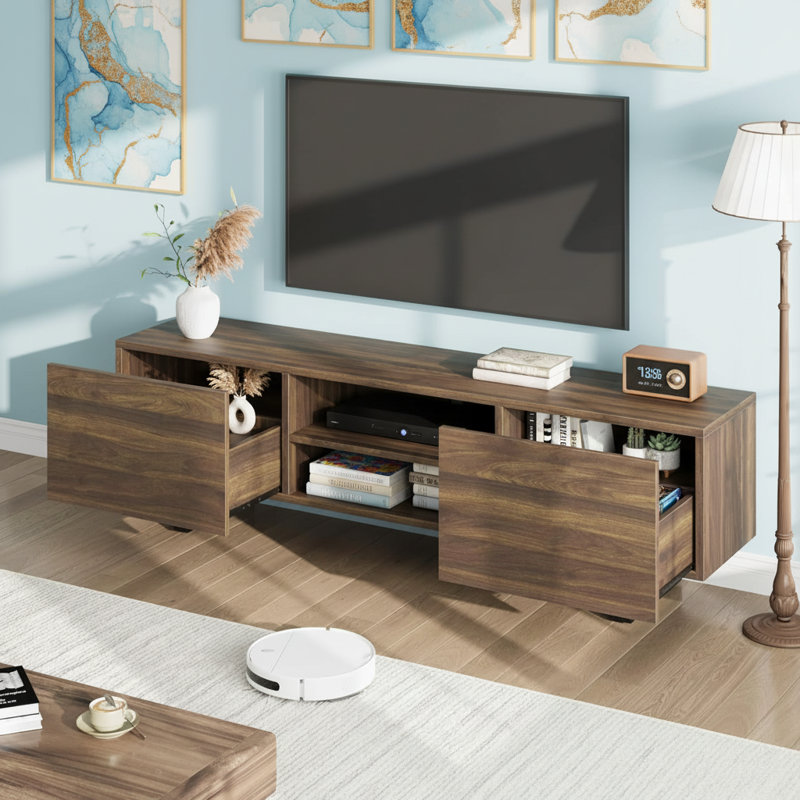 Meuble télé 70 po, console multimédia en bois avec 2 tiroirs, rangement ouvert, Brown