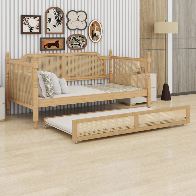 Minimalist Rattan Daybed with Trundle, Antique Walnut