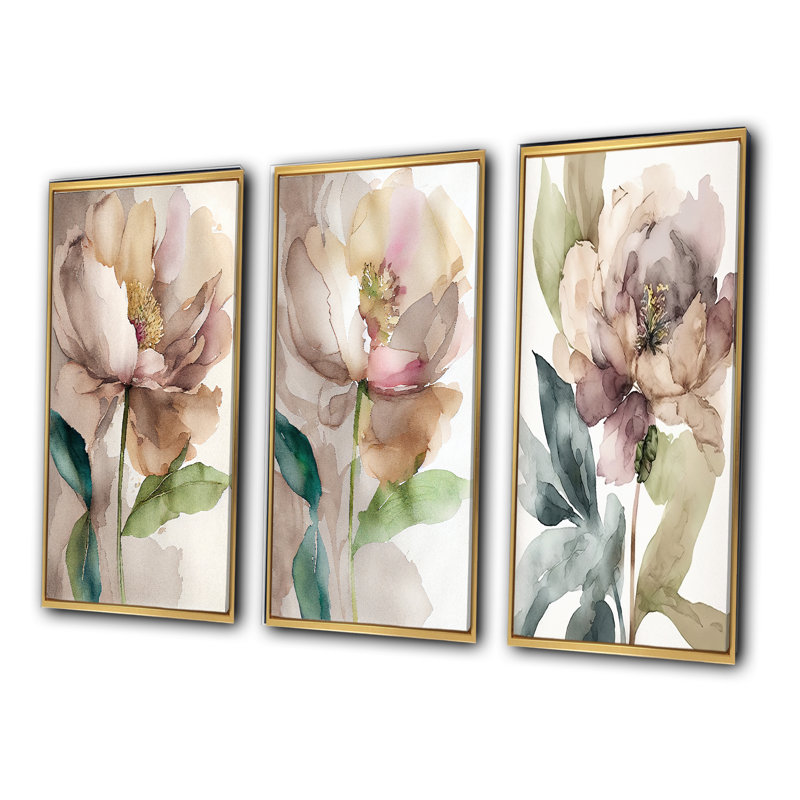 «Blooming Peony In Grey Earth Tones», 3 pièces sur toile, Or, H 28 po x l 36 po