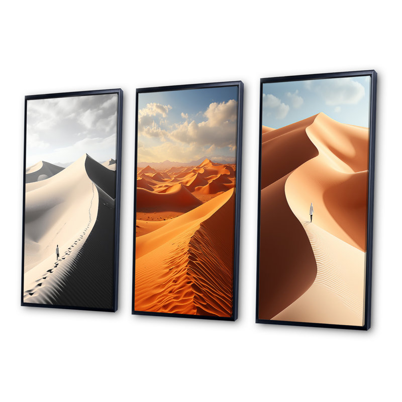 "Mirage du désert égyptien", 3 pièces sur toile, H 20 po x l 36 po, Cadre noir