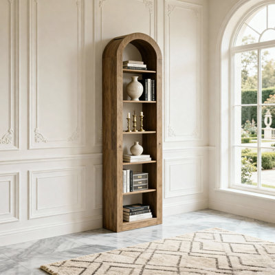 Bibliothèque arquée avec tablettes ouvertes à 6 niveaux, conception rustique pour un rangement amélioré et un attrait esthétique