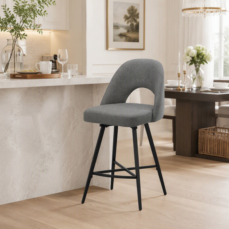 Tabouret de bar, hauteur 39 po, ensemble de 2, hauteur comptoir, pivotant, cuisine, tissu gris, métal noir, contemporain, moderne